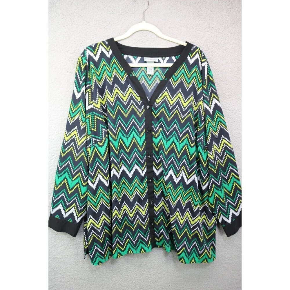 Catherine's Long Sleeve Button Up Silky Top-Size 3X (26/28W)-Geometric Pattern‎